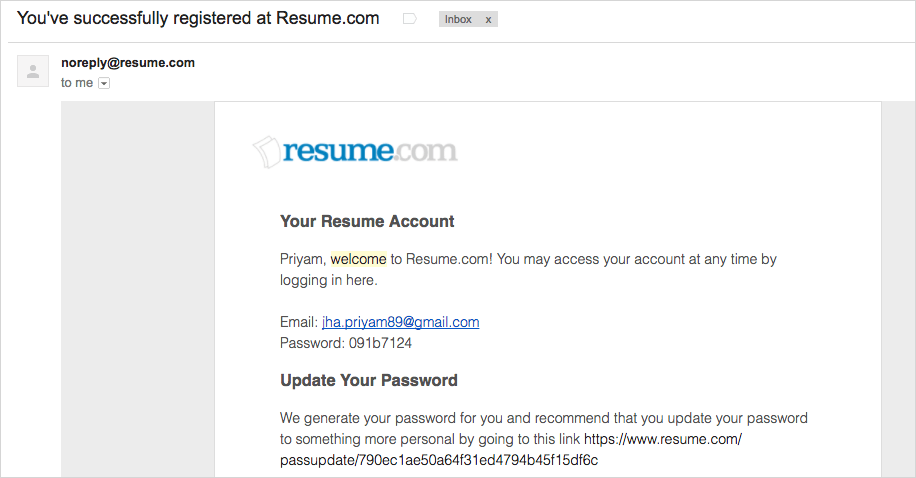 succesfully registered email from resume.com