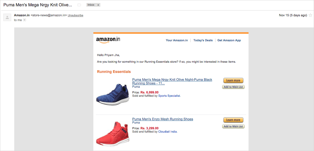 amazon email example of on-site user behaviour