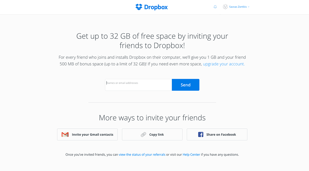 dropbox email example for free space with referral